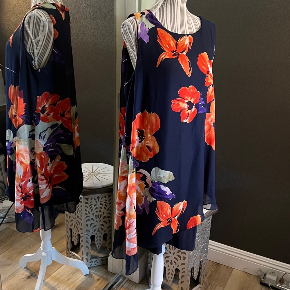 NWT. SLNY Women's Navy Blue Floral Layered Sheath Dress Sleeveless NWT Sz 18